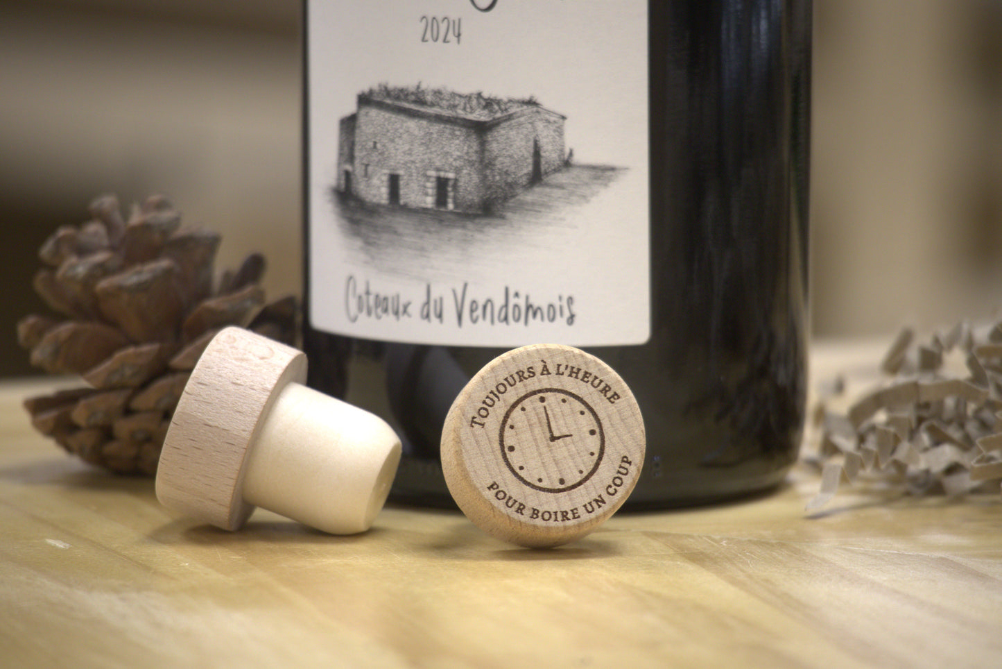 bouchon en bois"Toujour a l'heure"