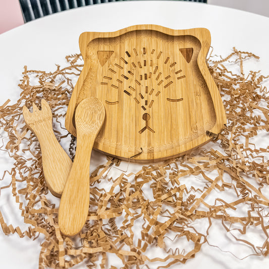 Assiette bébé en bambou + couverts – Forme renard T1