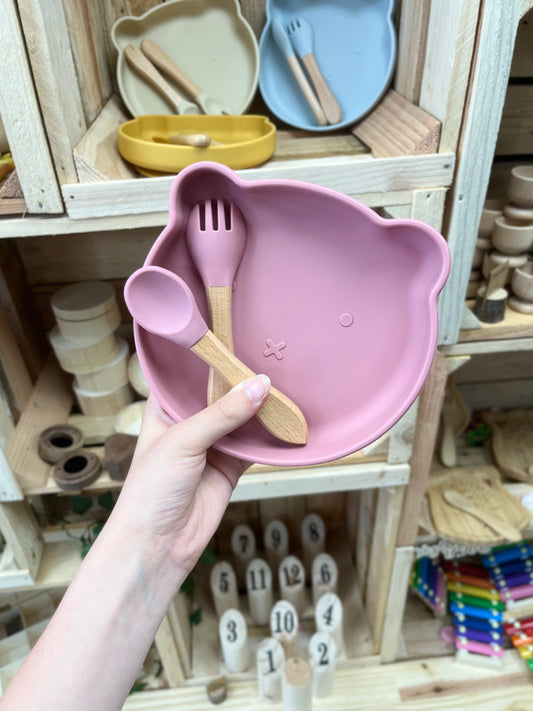 assiette forme d'ours + couverts